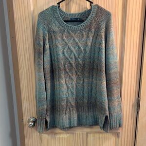 Prana Cable Knit Crewneck Sweater - Teal and Taupe